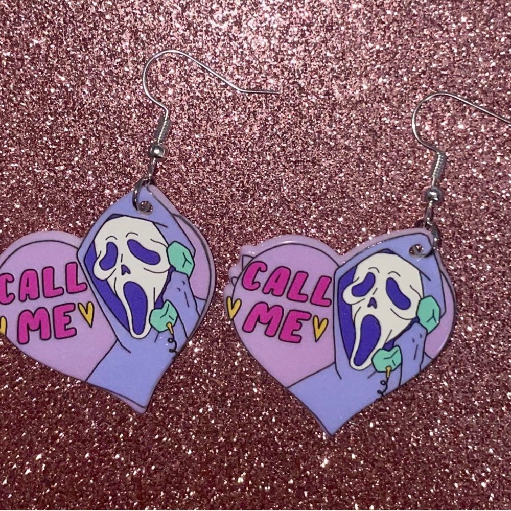 Scream Ghostface Call Me Horror Film Pastel Sterling Silver Charm Earrings